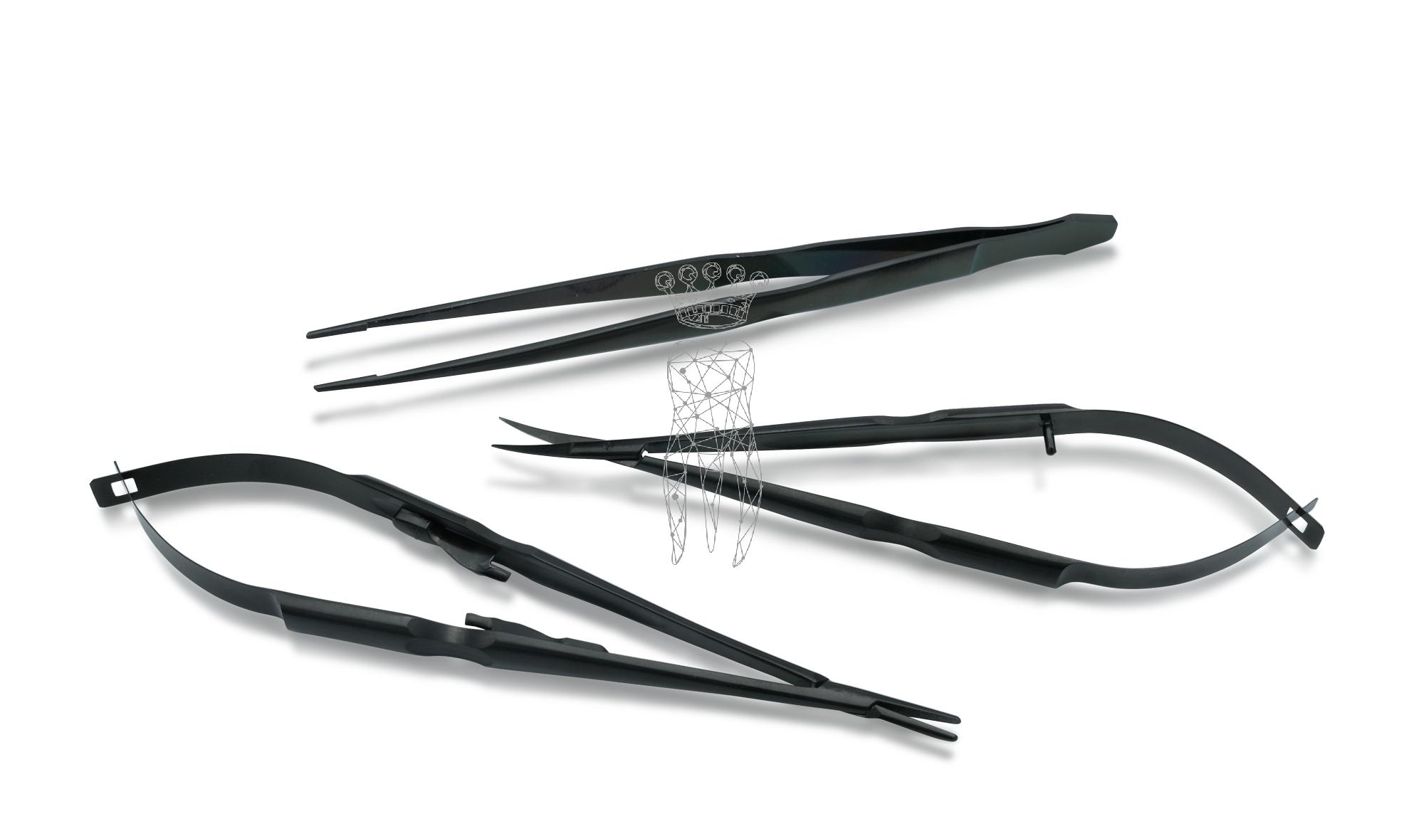 Mikro-Set: Nadelhalter + Federschere + Pinzette + Ölstift